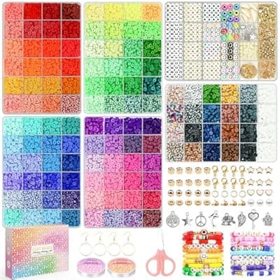 [Sistenia] Sistenia 20,000 Pcs Clay Beads Bracelet Making Kit, 120 Colors 6 Boxes Polymer Beads Spacer Heishi Beads & Jewelry Kit with Pendant Charms Elastic Strings, Crafts Gift for Kids Adults