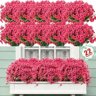 [Powbrace] 22 Bundles Artificial Flowers Outdoor Fake Plants, Faux Flowers UV Resistant with Plastic Plants, Faux Silk Flowers for Outdoors Outside Front Porch Hanging Planter Window Garden Decoration(Rose Red)