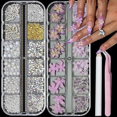 [SEMATA] SEMATA 2 Box 3D Flower Nail Charms, Purple Nail Gems Gold Silver Butterfly Flatback Pearl Nails Rhinestones Charms for Nails Art Jewels Design Decor(Purple)