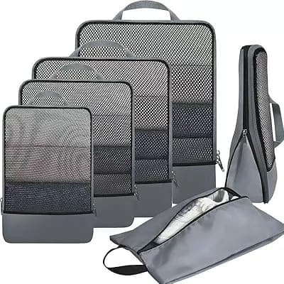 [LSLCQW] 6 Set Lightweight Compression Packing Cubes with Packing List, Anti-Tearing Expandable Organizer Bags for Travel, Black (Dark Grey)