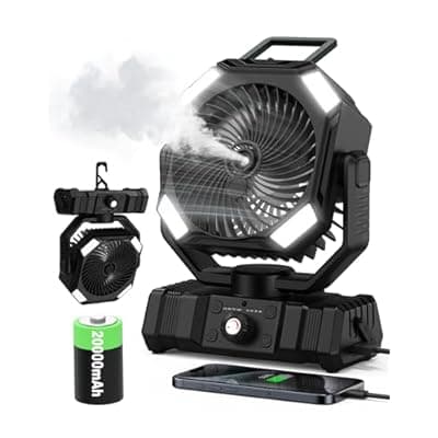 Portable Misting Fan, 20000mAh Battery Operated Fan with 300ml Tank, 45°-90° Oscillation & 270° Rotation, Timer & Lighting, Handheld Camping fan for Indoor, Outdoor, Patios, Tent, Travel, Desk