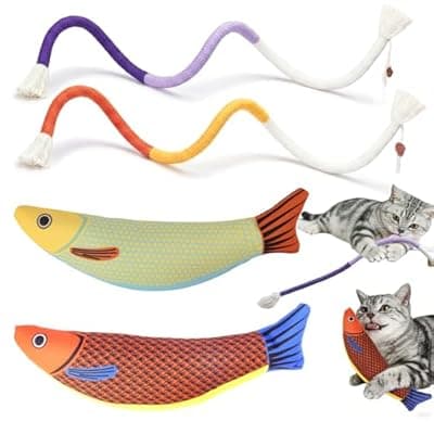 Cat Chew Rope Saury Fish Toy Catnip Toys, 4PCS Interactive Cat Toy Cat Nip Kicker Toy Floppy Fish Kitten Teething Toys for Bored Indoor Adult Cats with Crinkle Bell Sound Cat Gifts for All Breeds
