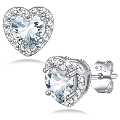 BAYLAY Birthstone Earrings for Women, S925 Sterling Silver Earrings Heart Birthstone Stud Earrings with Cubic Zirconia Silver Jewelry Mothers Day Birthday Gifts for Women Mom Grandma