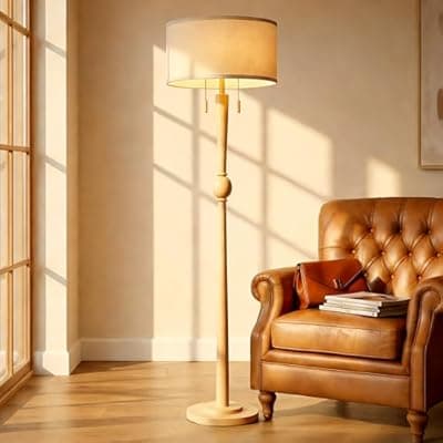 MOFFE 62.8" Solid Wood Floor Lamp,Tall Standing Floor Lamp with 2-Light Pull Chain, 17" Linen Drum Shade, Sculptural Wood Base & Stem,Transitional Floor Lamp for Living Room Bedroom, Includes 2 Bulbs