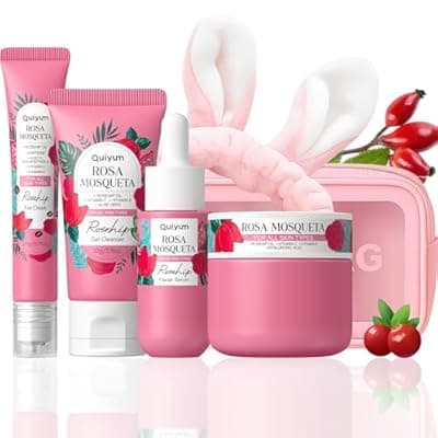 QUIYUM Skin Care Set, with Natural Rosehip Oil, Vit-C & E Skincare Kits 4 Pcs- Restore Skin Elasticity, Refine Texture, Even Tone, Moisturizing, Glowing, for All Skin Types, Mother's Day Birthday Gift